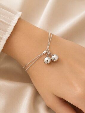 925 Sterling Silver Dangle Ball Charm Bracelet Double Layer Snakechain Bracelet